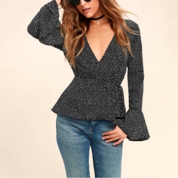 Lulu's Love is Enough Polka Dot Black White Wrap Top Bell Sleeves Size S - Picture 1 of 16